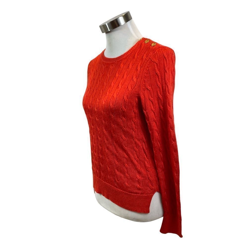 Lauren Ralph Lauren Orange Red Cable Knit Sweater with Gold Shoulder Buttons S‎
